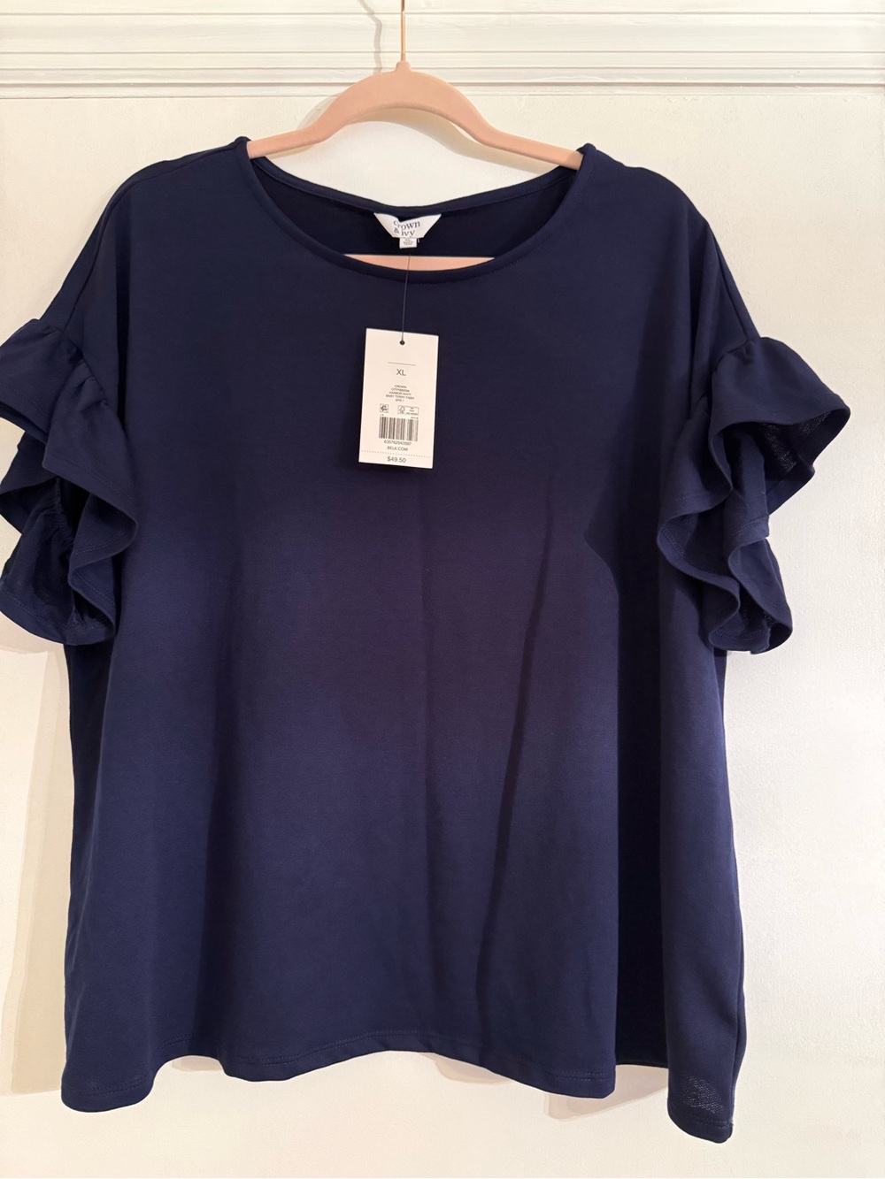 crown & ivy Navy Ruffle Sleeve Short Sleeve Tee